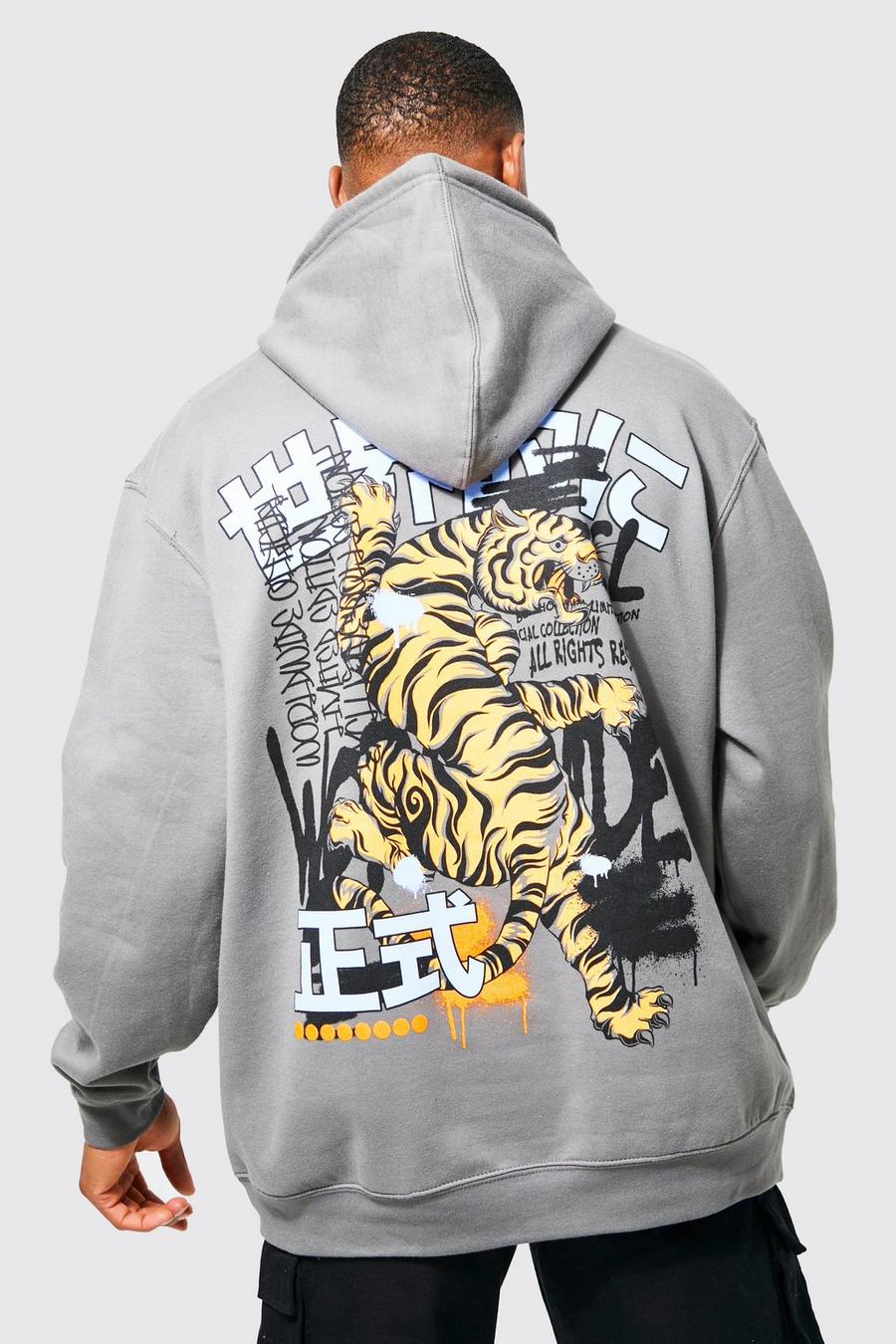 Charcoal grey Oversize hoodie med tiger