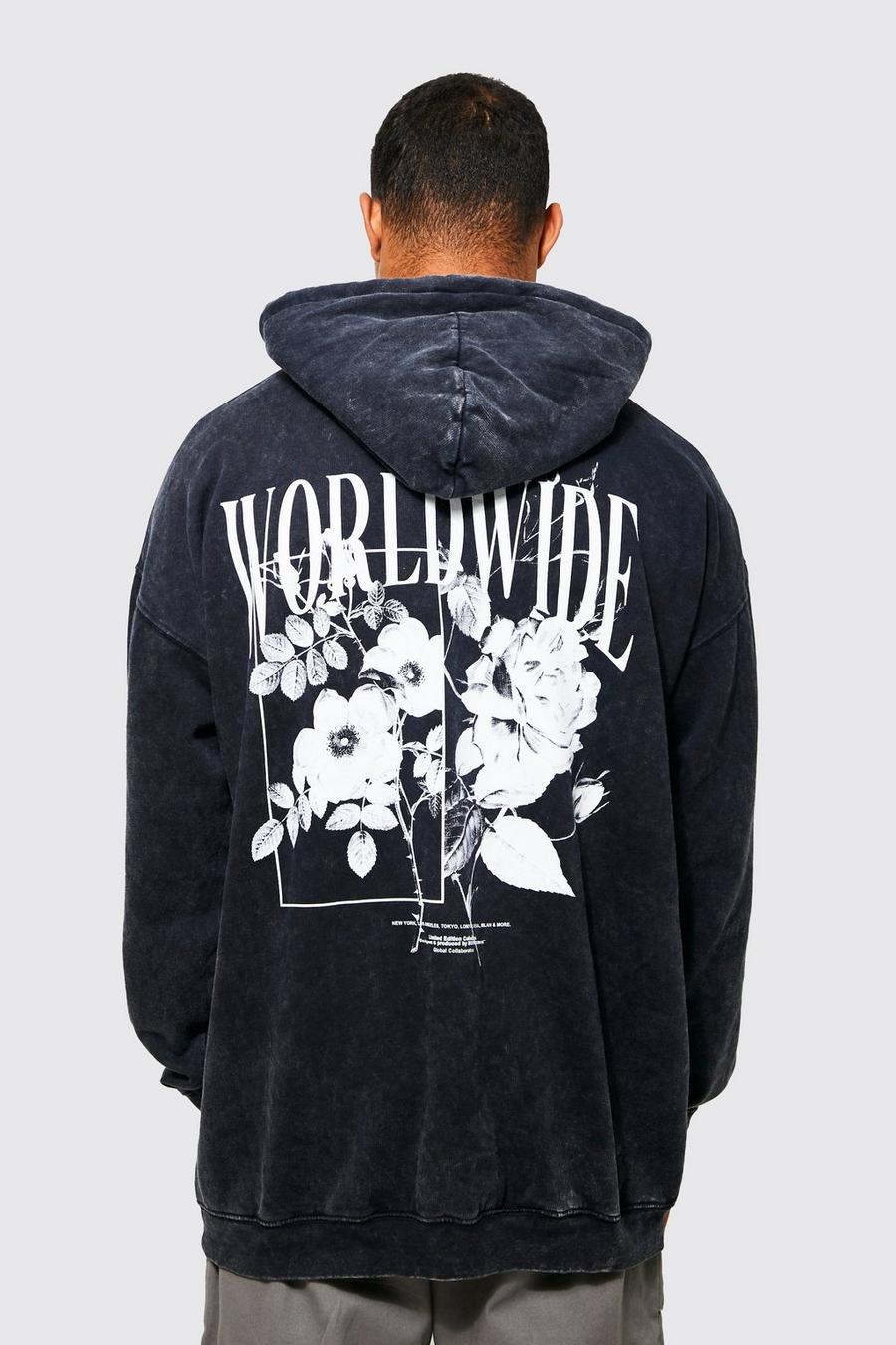 Charcoal Oversized Acid Wash Homme Graphic Hoodie image number 1