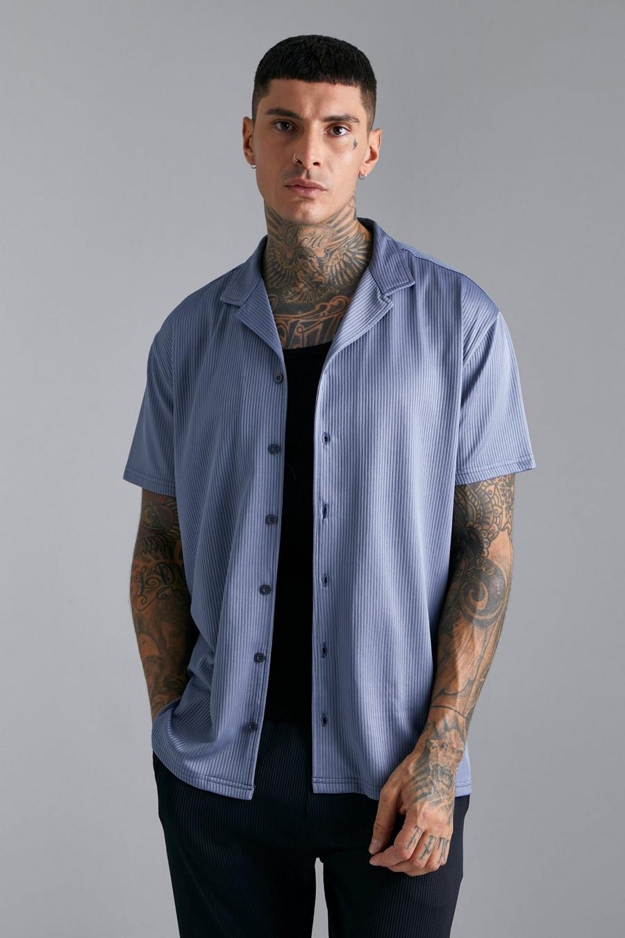 Slate blue Short Sleeve Oversized Revere Ribbed Shirt 