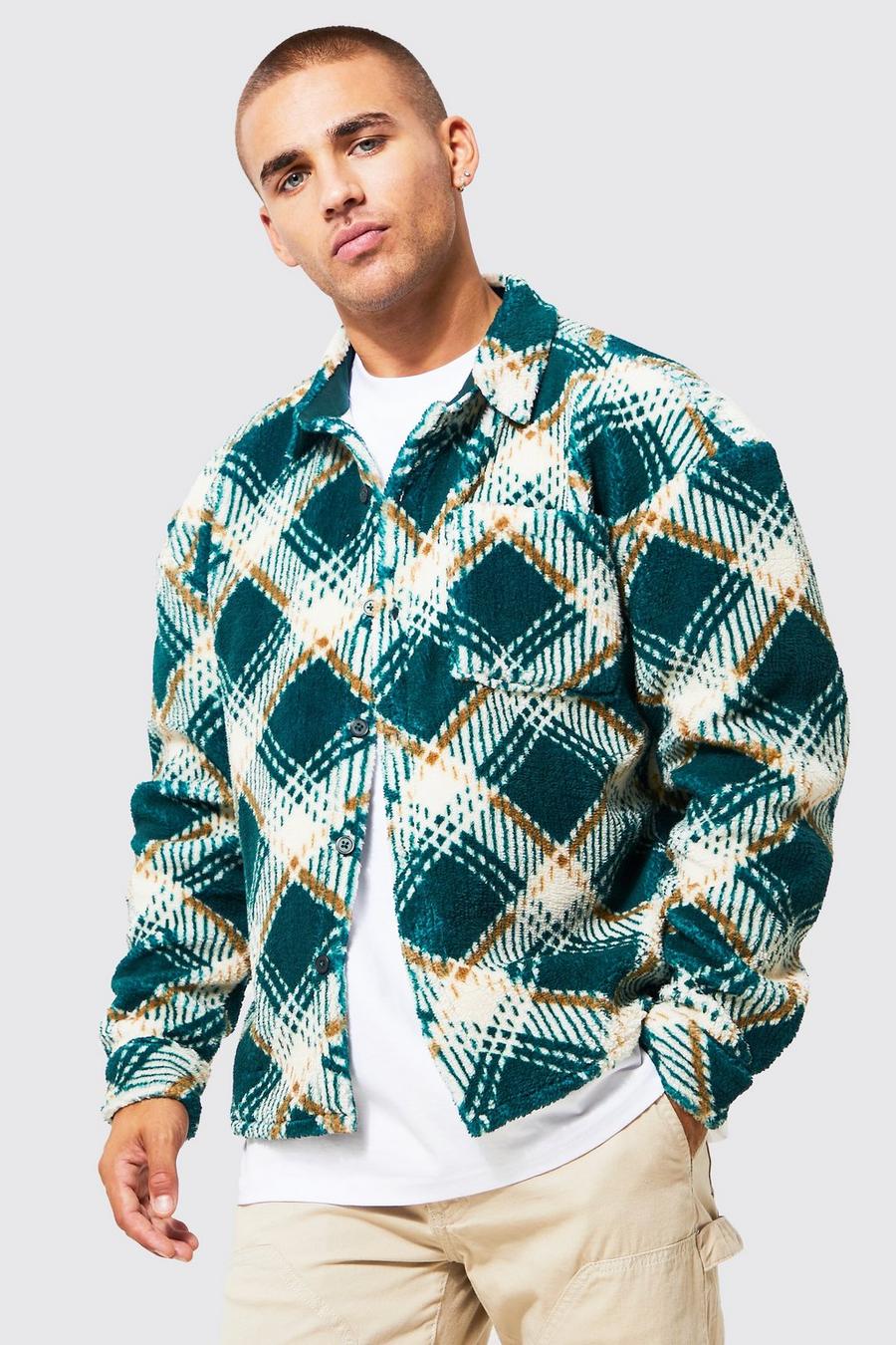 Forest green Boxy Check Borg Overshirt