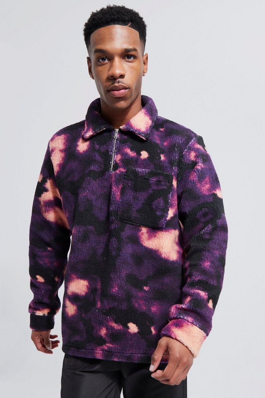 Purple Tie Dye Borg Half Zip Overshirt image number 1