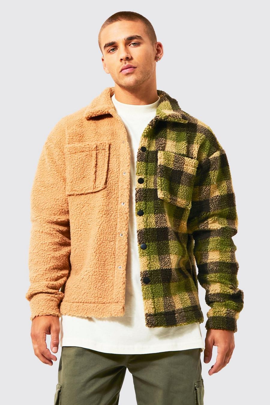 Green Boxy Spliced Check Borg Overshirt image number 1