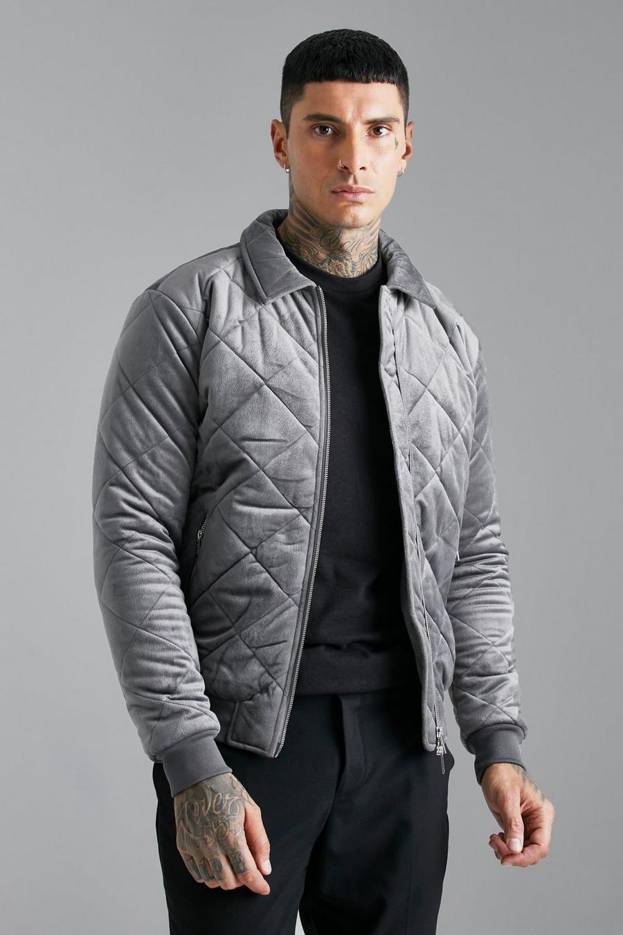 Charcoal grey Quilted Velvet Bomber With Collar