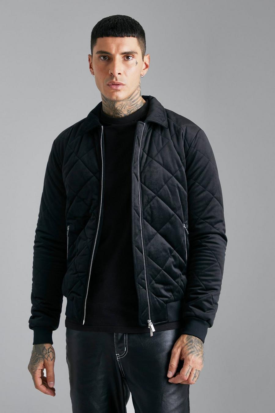 Black Quilted Velvet Bomber With Collar image number 1