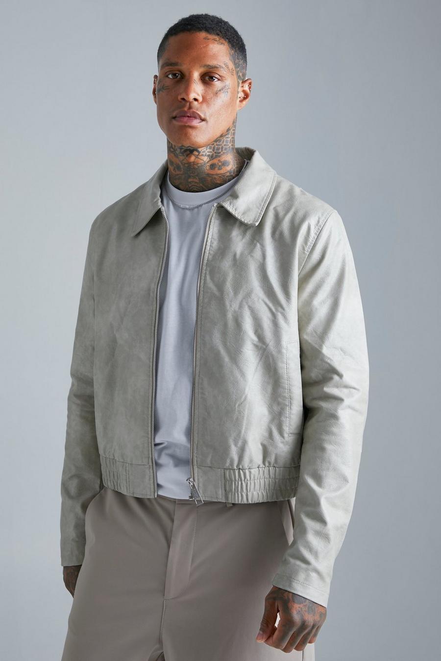 Pale grey Textured Pu Biker Jacket With Collar image number 1