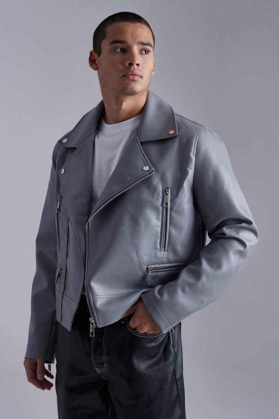 Charcoal Boxy Fit Faux Leather Biker Jacket image number 1