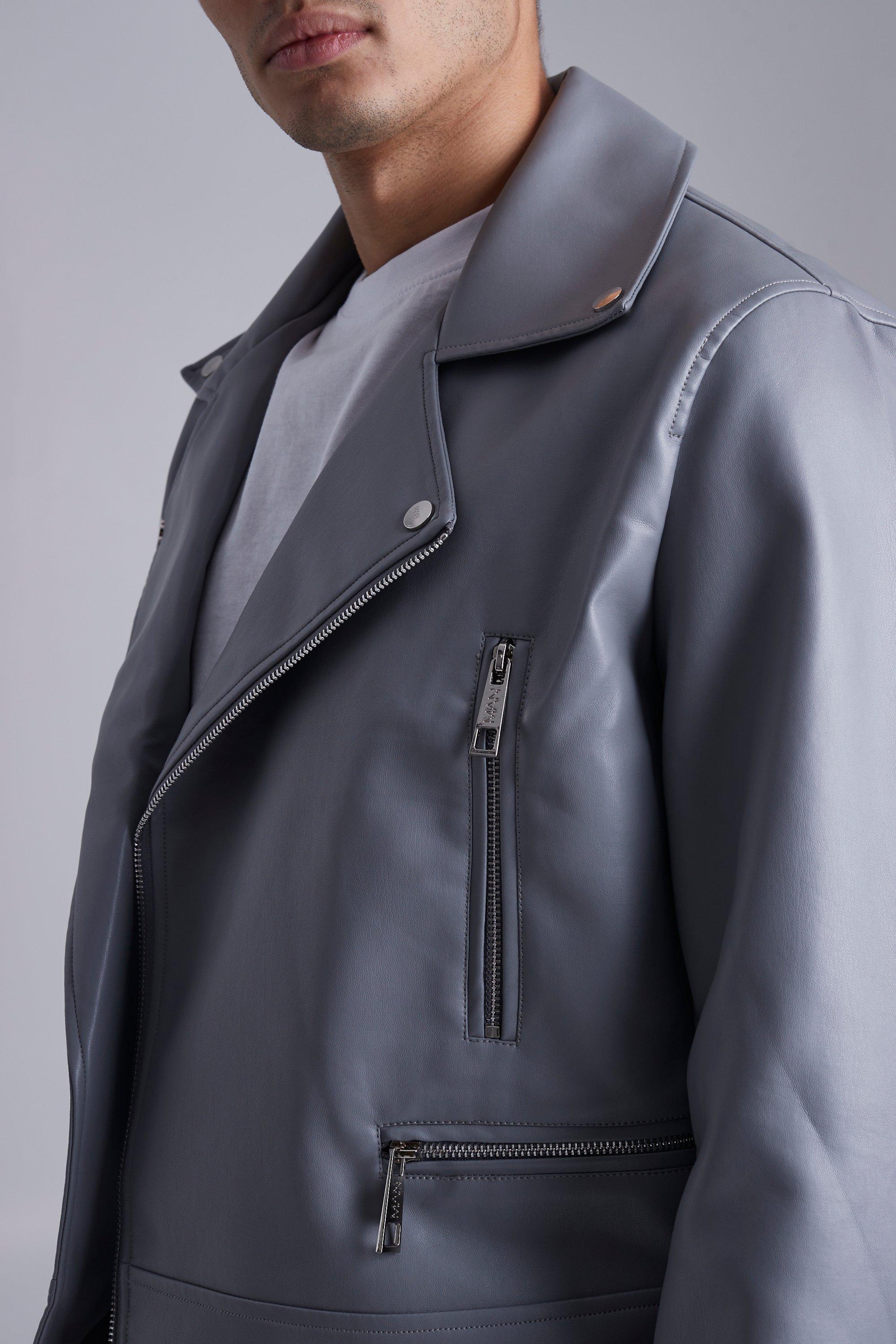 Mens grey faux leather jacket sale