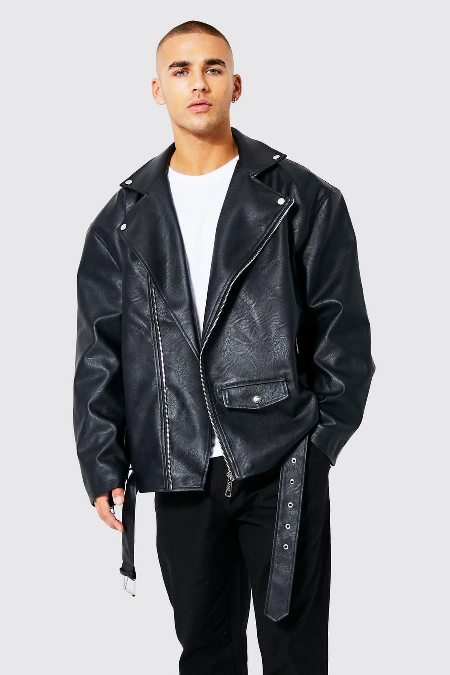 Black svart Oversized Faux Leather Biker Jacket