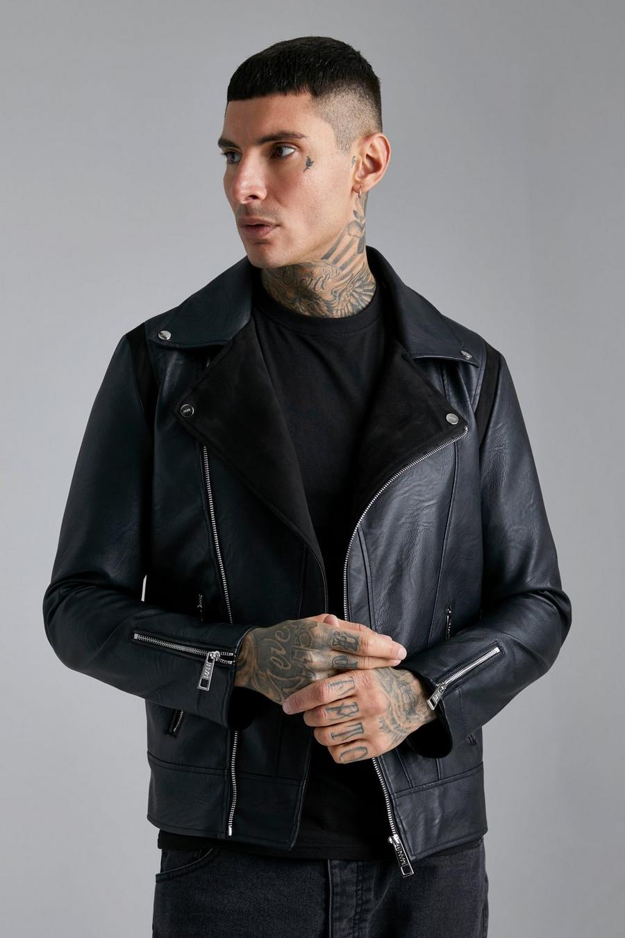 Black Faux Leather And Suedette Biker Jacket image number 1