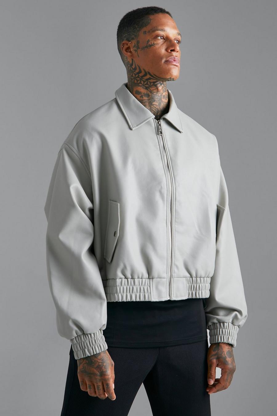 Pale grey Pu Bomber Jacket With Balloon Sleeve image number 1