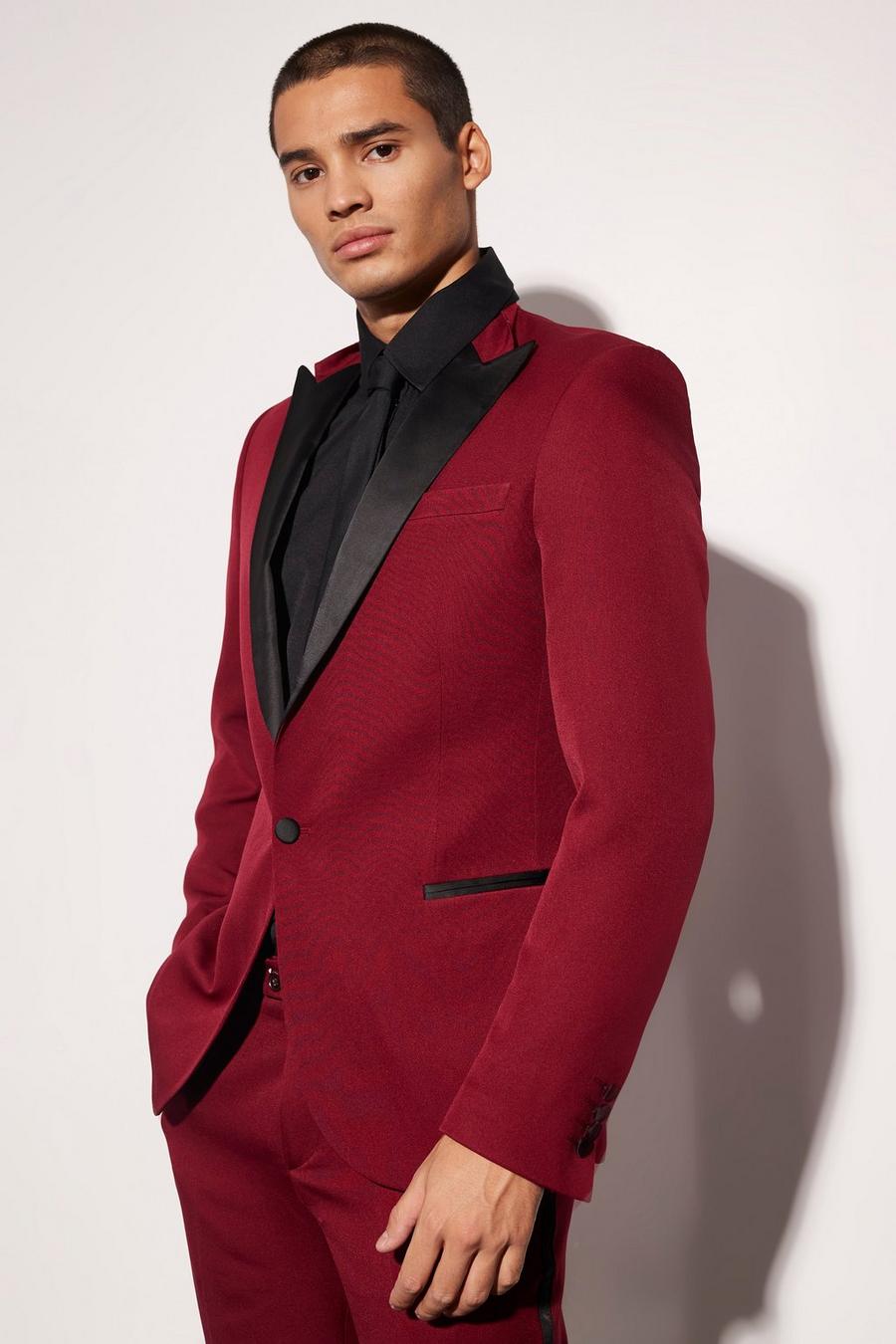 Burgundy rosso Skinny Single Breasted Tuxedo Suit Jacket