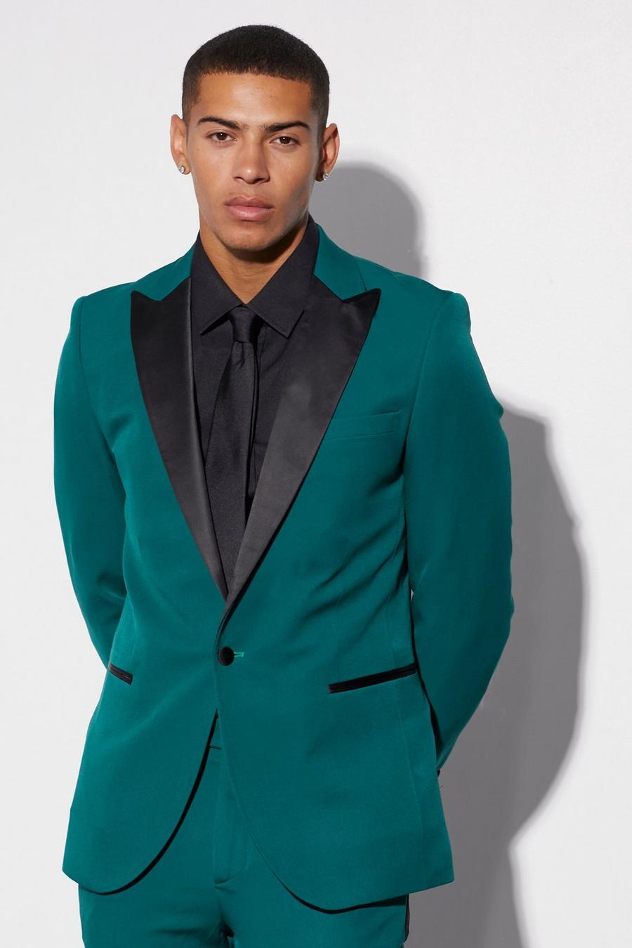 Forest green Skinny Single Breasted Tuxedo Suit Jacket