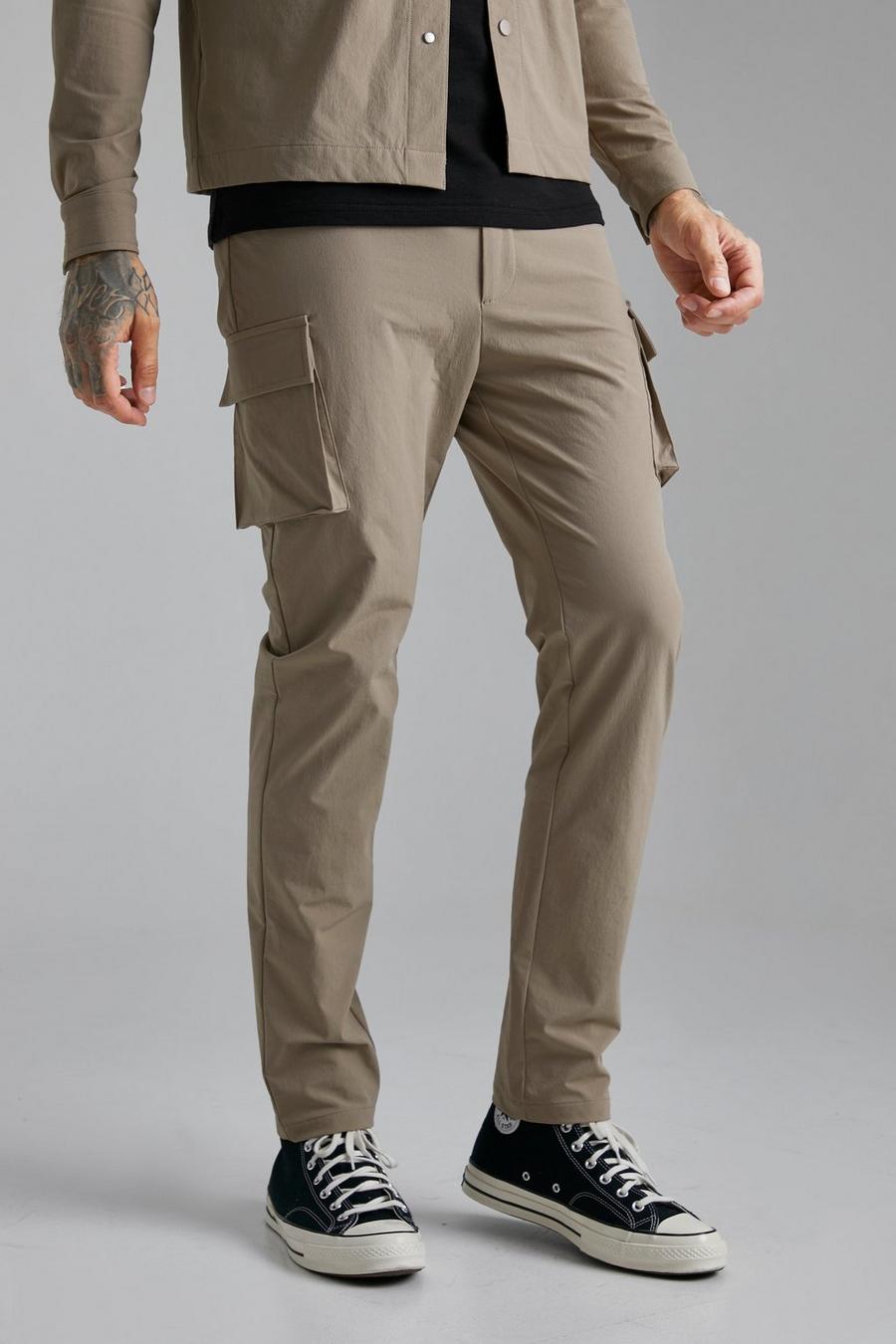 Beige Nylon Cargo Smart Slim Trousers image number 1