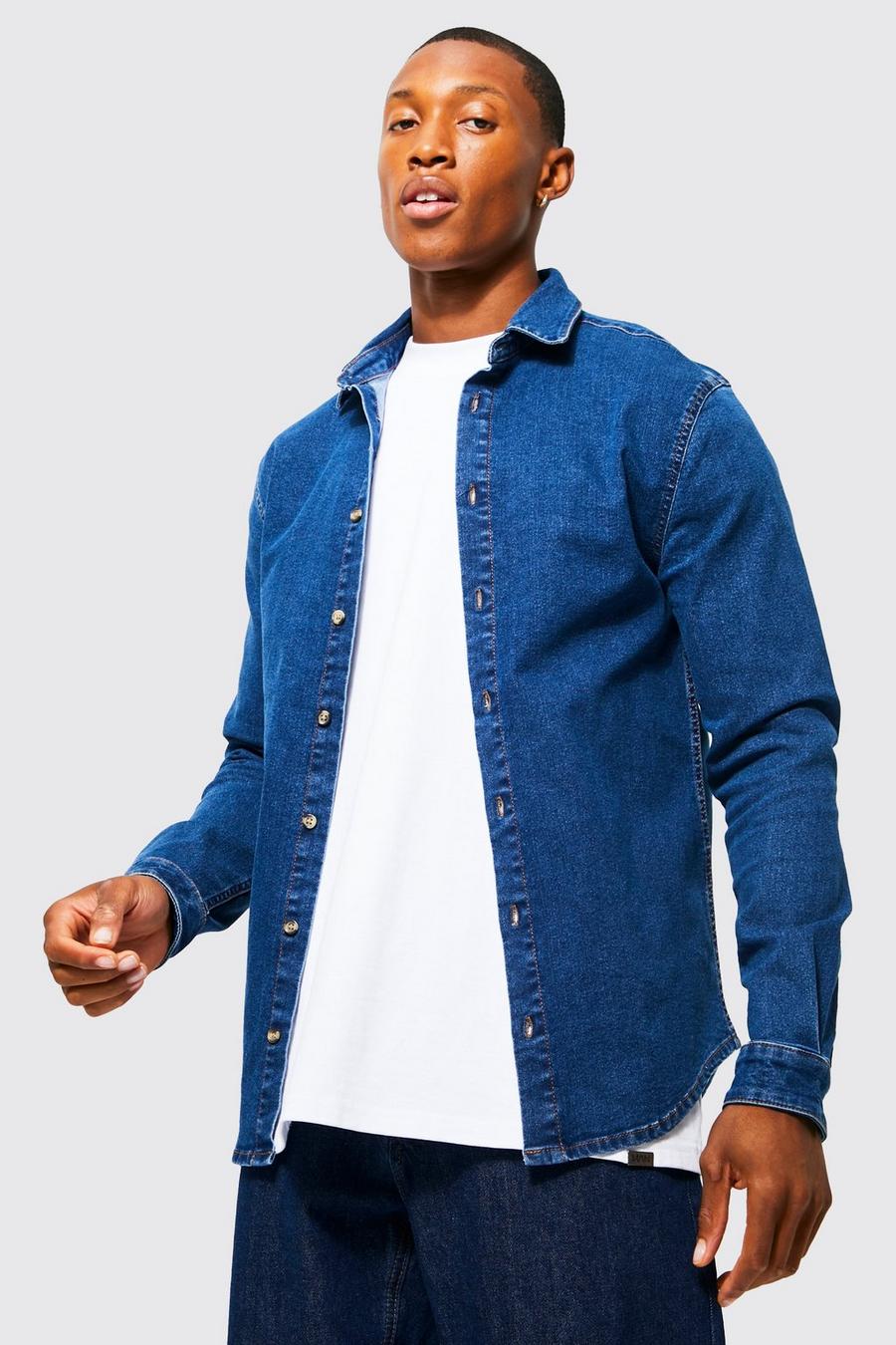 Mid blue blå Long Sleeve Muscle Fit Denim Shirt image number 1