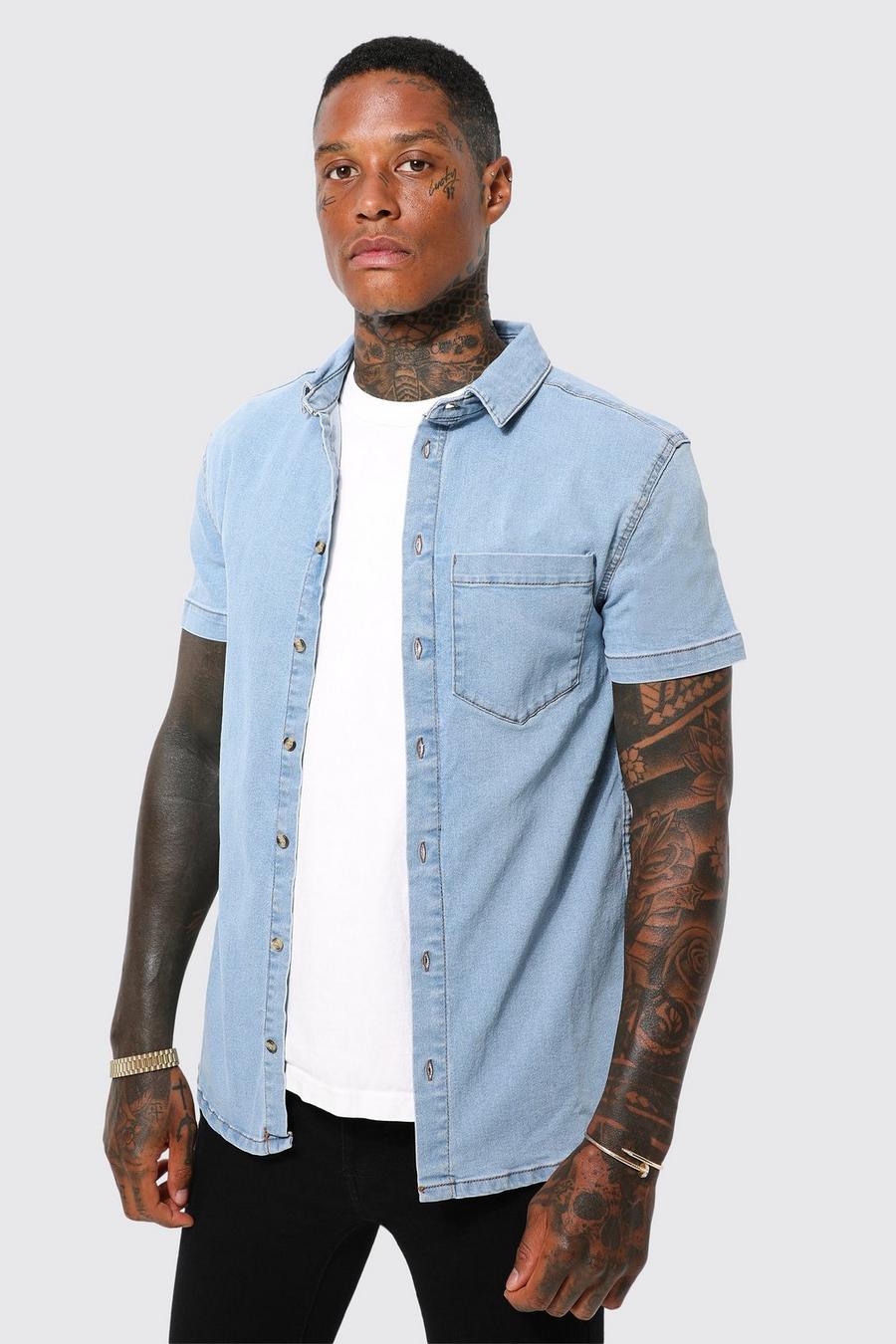Light blue Short Sleeve Muscle Fit Denim Shirt image number 1