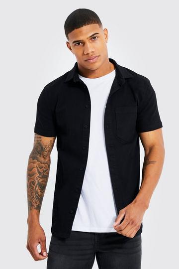 Black Short Sleeve Muscle Fit Denim Shirt