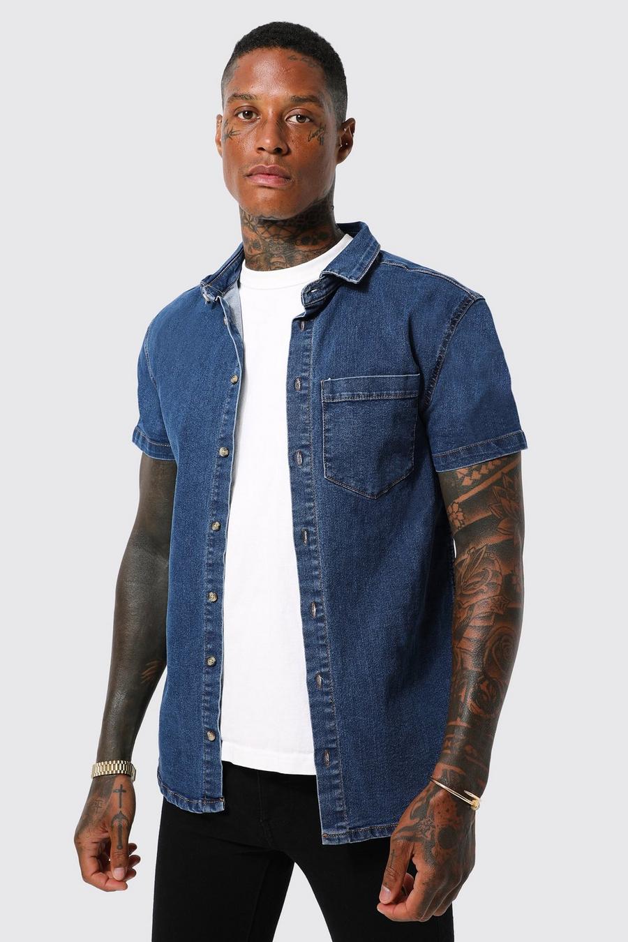 Chemise moulante en jean à manches courtes, Mid blue