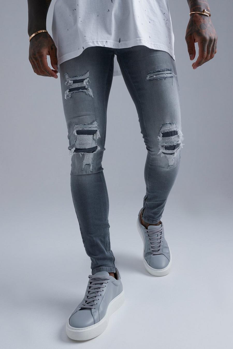 Light grey grå Super Skinny All Over Rip And Repair Jeans image number 1