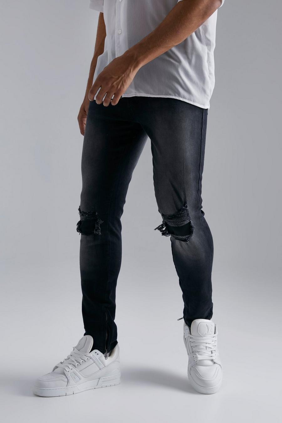 Washed black Skinny Stretch Rip And Repair Zips Jeans image number 1