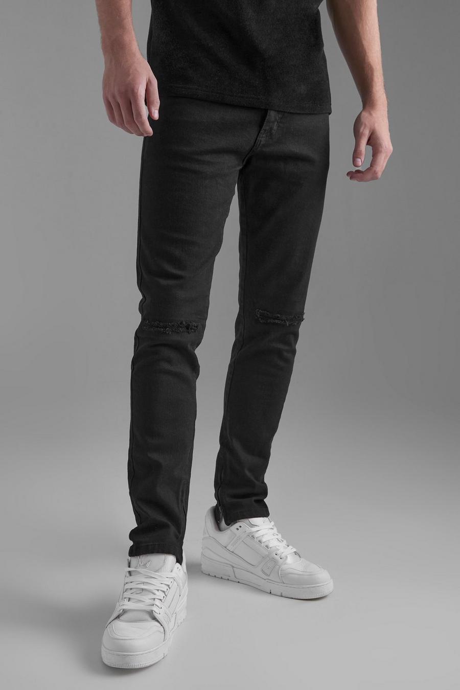 True black Stretch Skinny Jeans Met Rits En Gescheurde Knieën image number 1