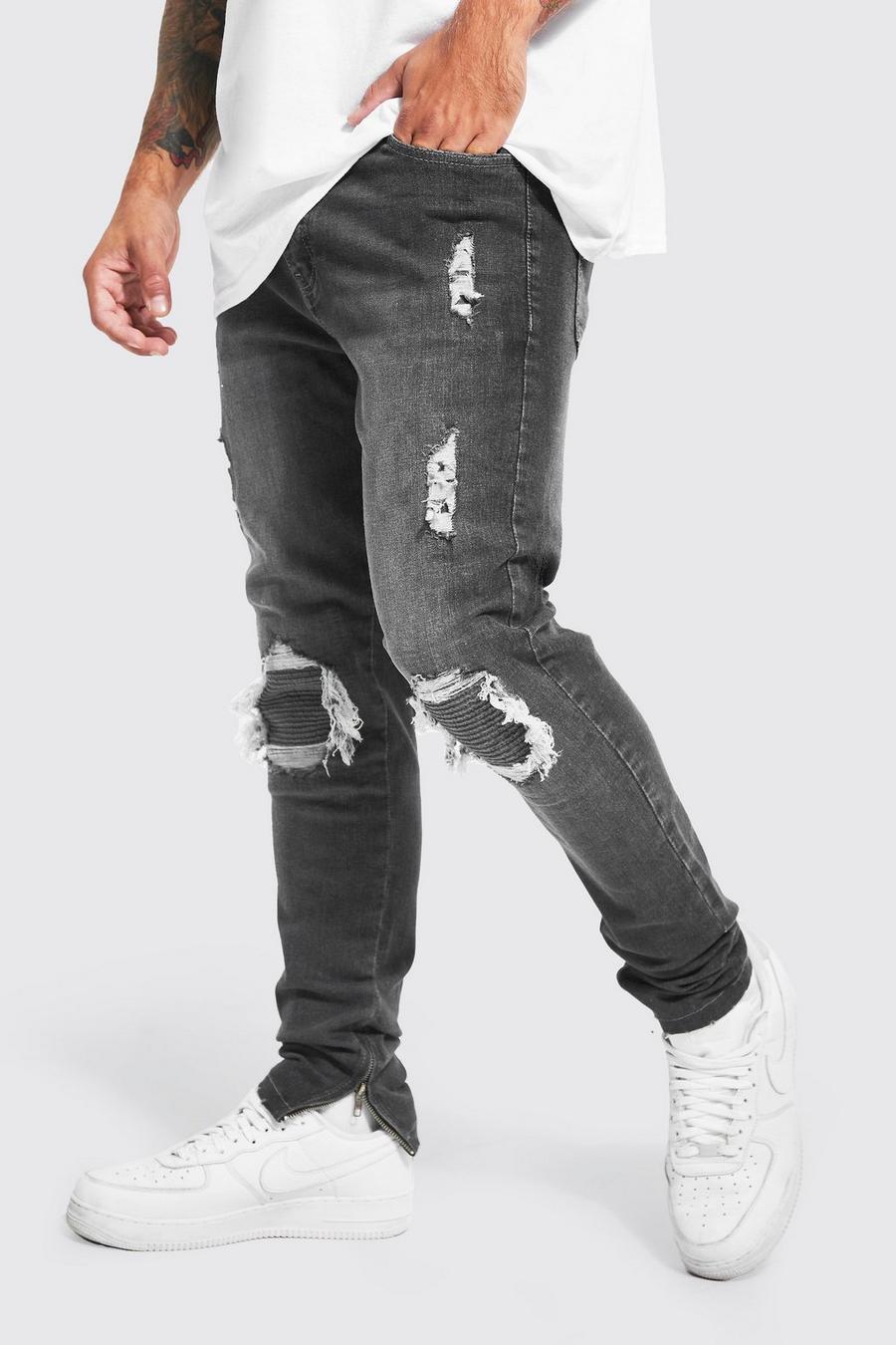 Charcoal Skinny Stretch Rip And Repair Jeans With Zips image number 1