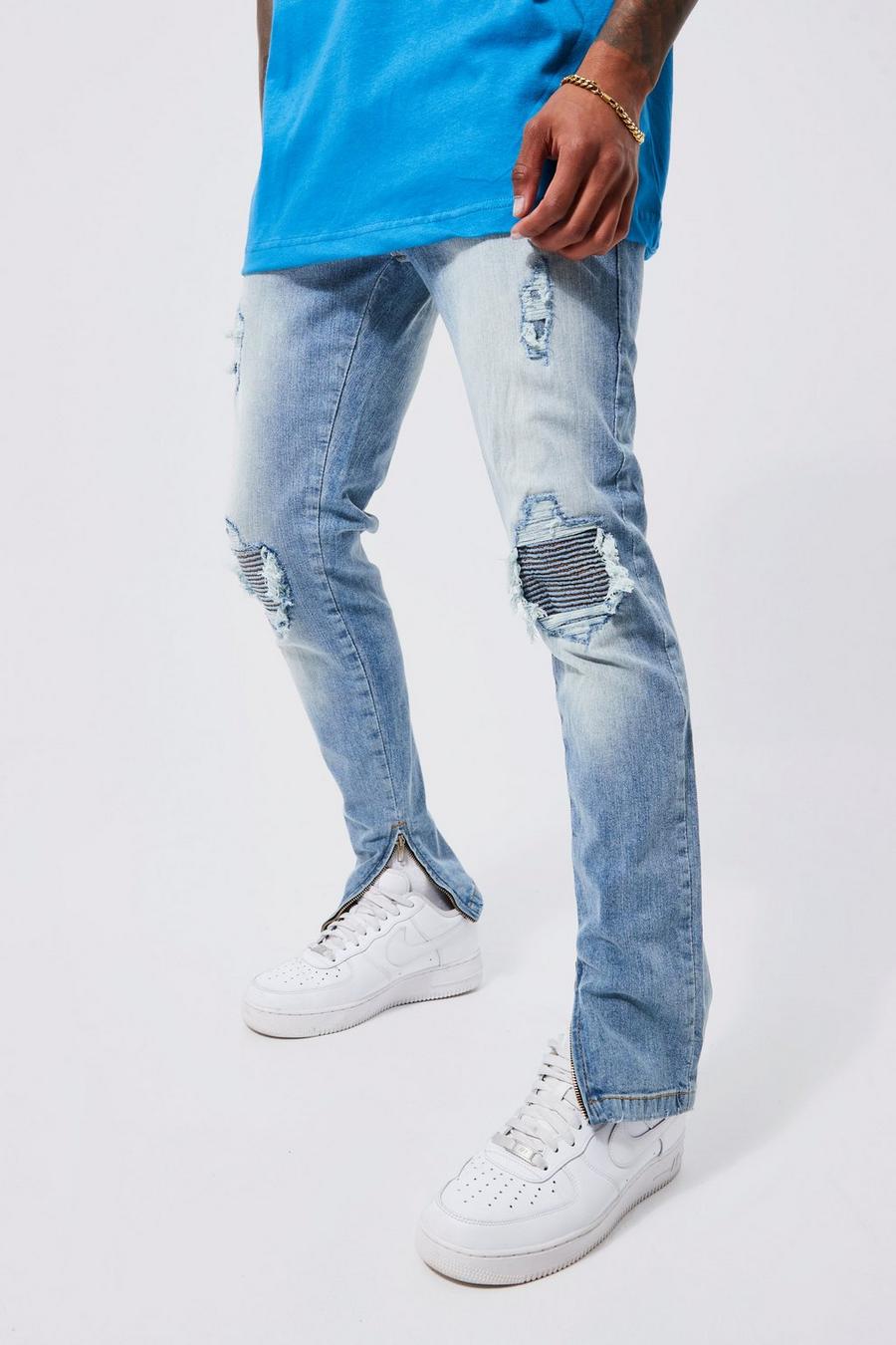 Light blue bleu Skinny Stretch Rip And Repair Jeans With Zips