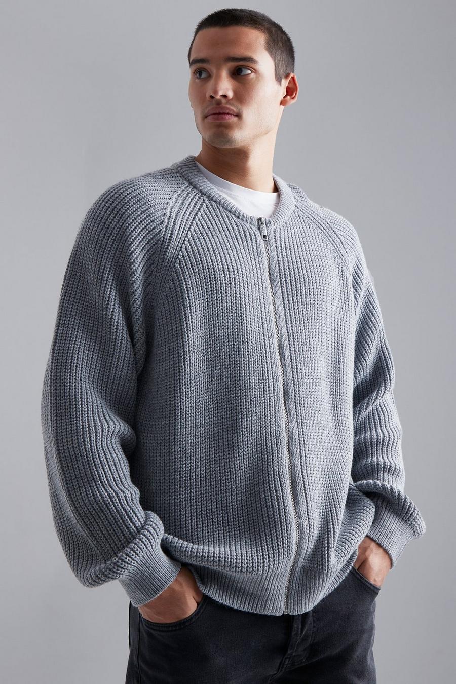 Grey marl Collarless Ribbed Chunky Knitted Bomber image number 1