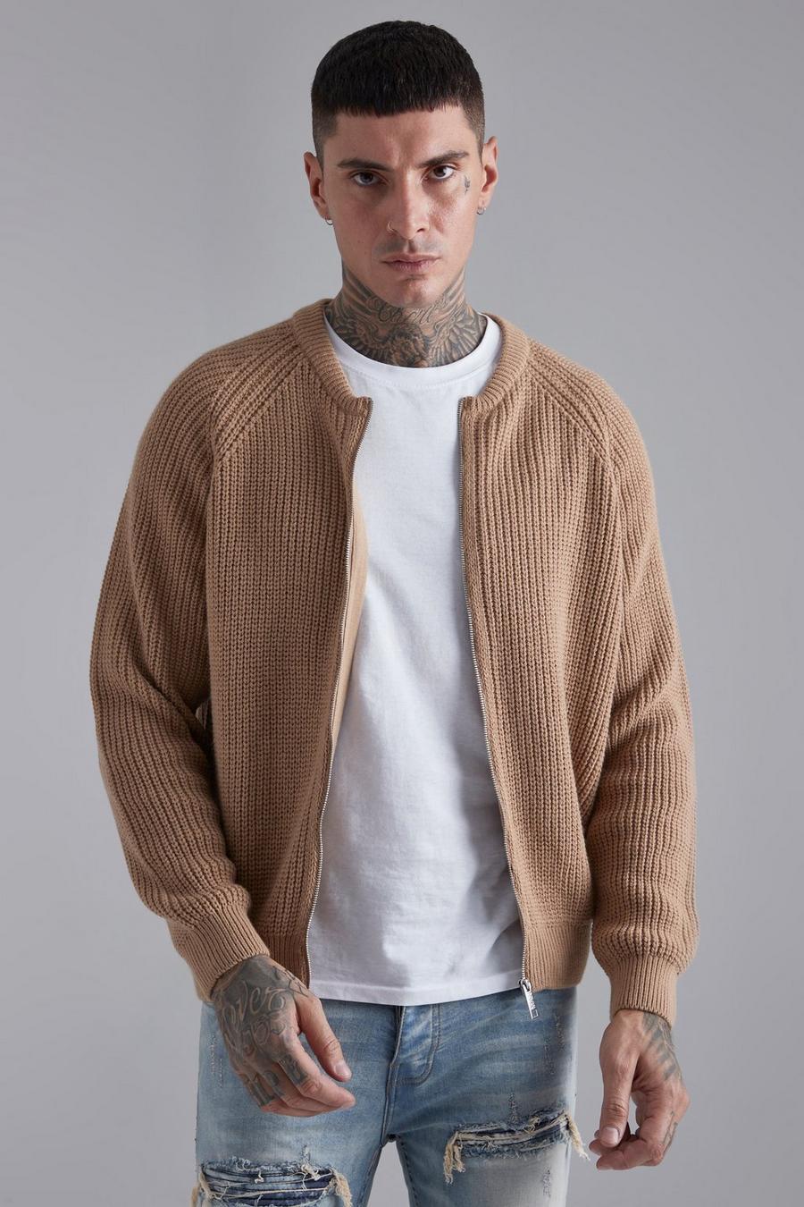 Taupe Collarless Ribbed Chunky Knitted Bomber image number 1