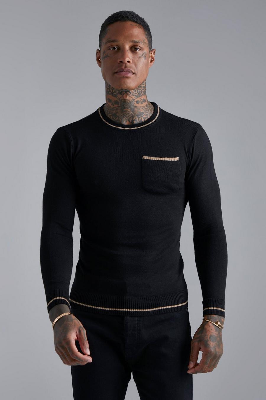 Black svart Stickad tröja i muscle fit med hög halsmudd