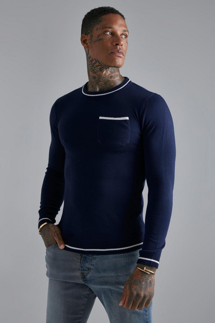 Navy Muscle Fit Extended Neck Tipping Jumper  image number 1