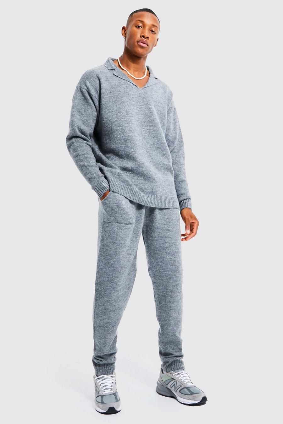 Grey marl Oversized Revere Knitted Polo Tracksuit  image number 1
