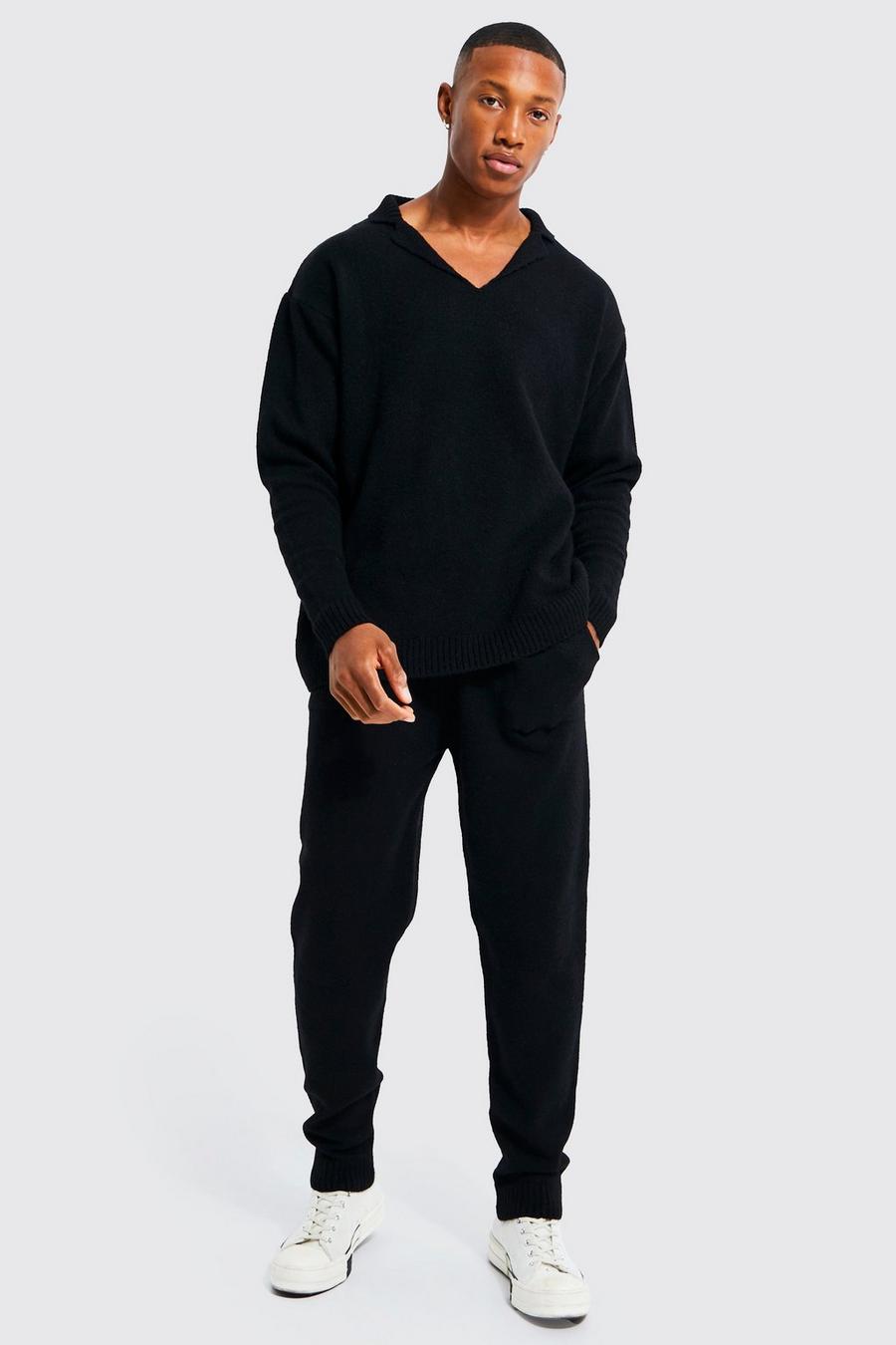 Black Oversized Revere Knitted Polo Tracksuit 