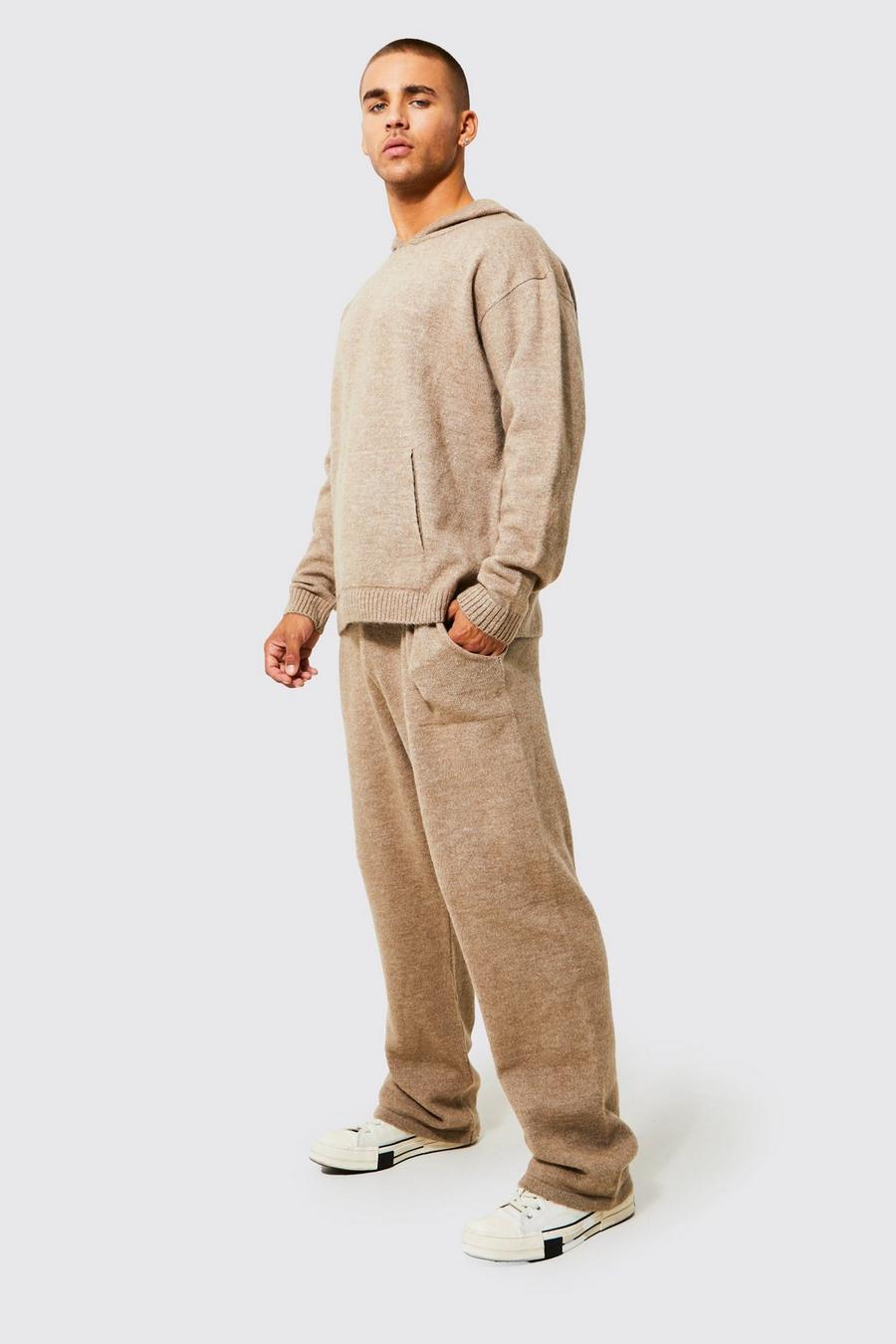 Stone beige Fluffig stickad hoodie och joggers image number 1