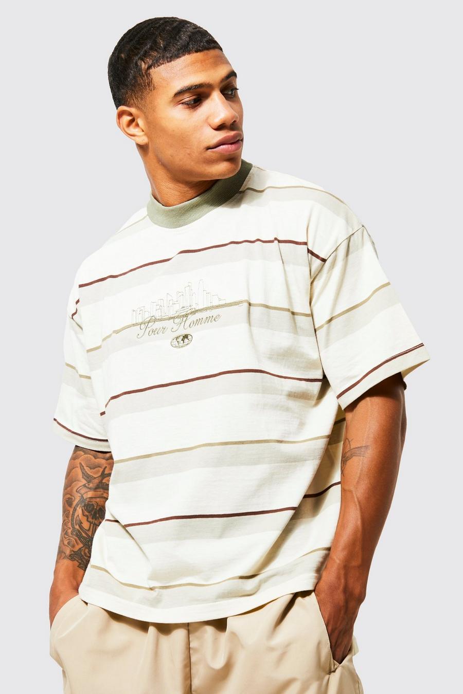 Taupe Oversized Extended Neck Stripe T-shirt image number 1