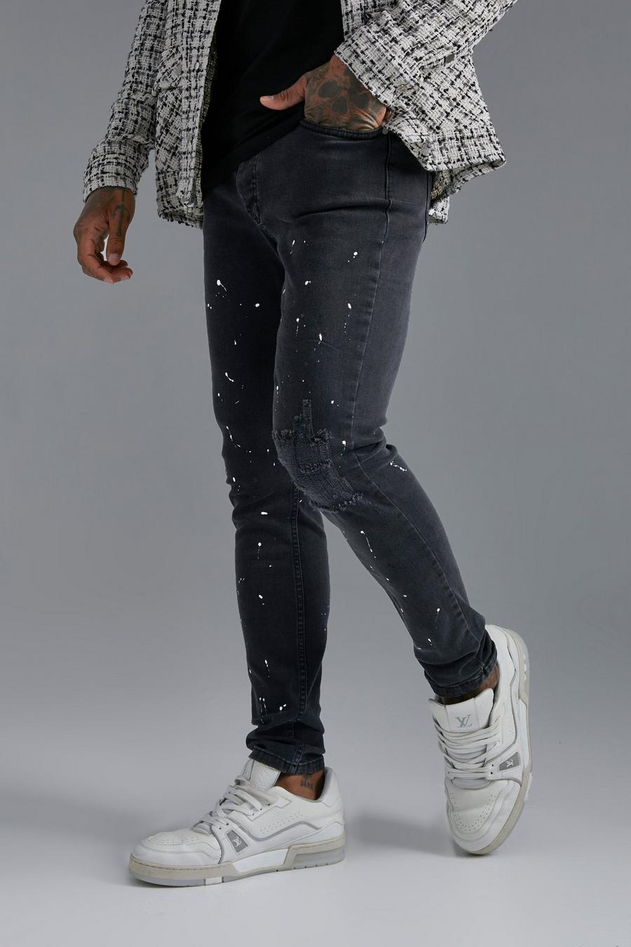 Mid grey grau Skinny Paint Splatter Busted Knee Jeans