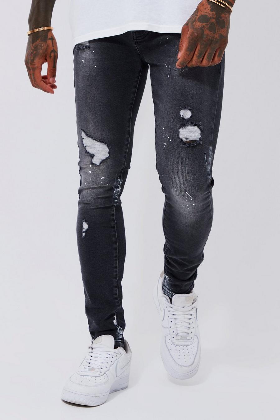 Mid grey grå Super Skinny Ripped Paint Splatter Jeans