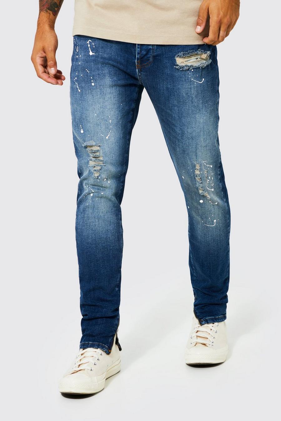 Mid blue Skinny Ripped Paint Splatter Jeans With Zips image number 1