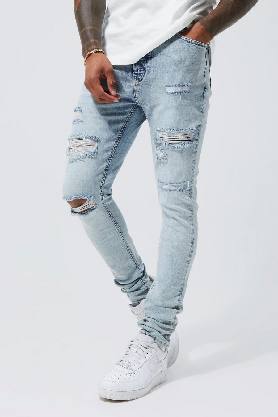 Men's Super Skinny Stacked Jeans With Rips | Boohoo UK