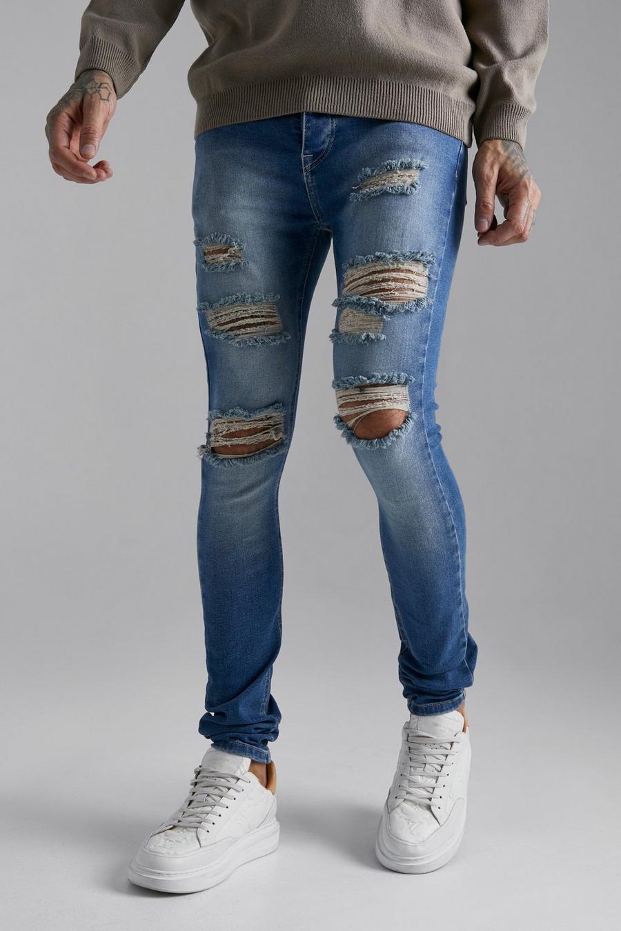 Antique blue Super Skinny Stacked Jeans With Rips image number 1