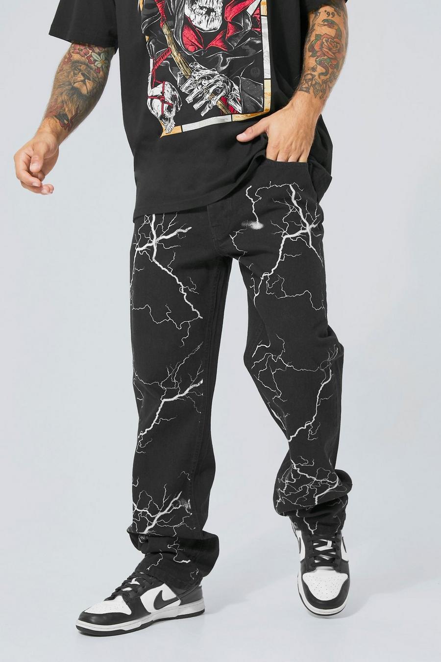 Washed black Relaxed Lightning Paint Print Jeans image number 1
