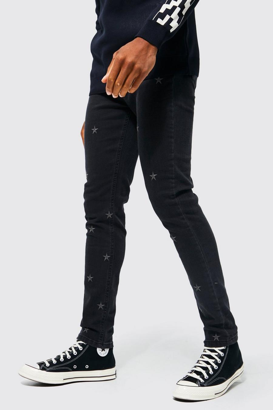 Washed black Skinny jeans med stretch och brodyr image number 1