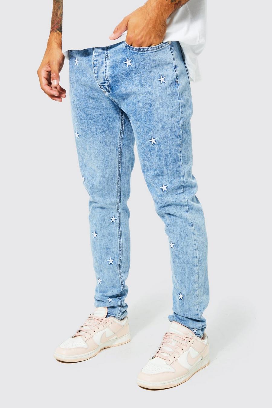 כחול ביניים סקיני ג'ינס סטרץ' עם עיטור כוכב רקום image number 1