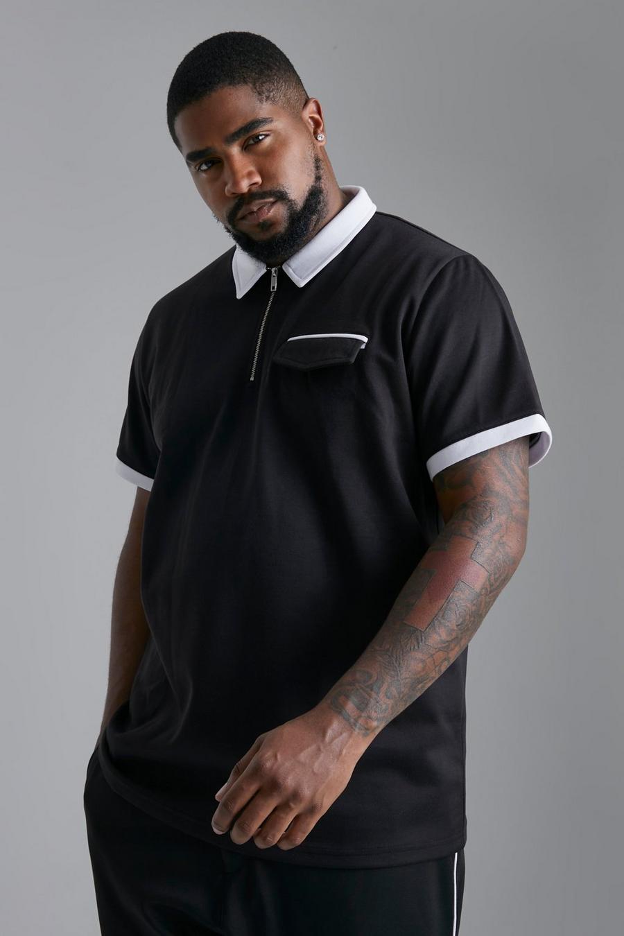Black Plus Slim Fit Contrast Collar Polo image number 1