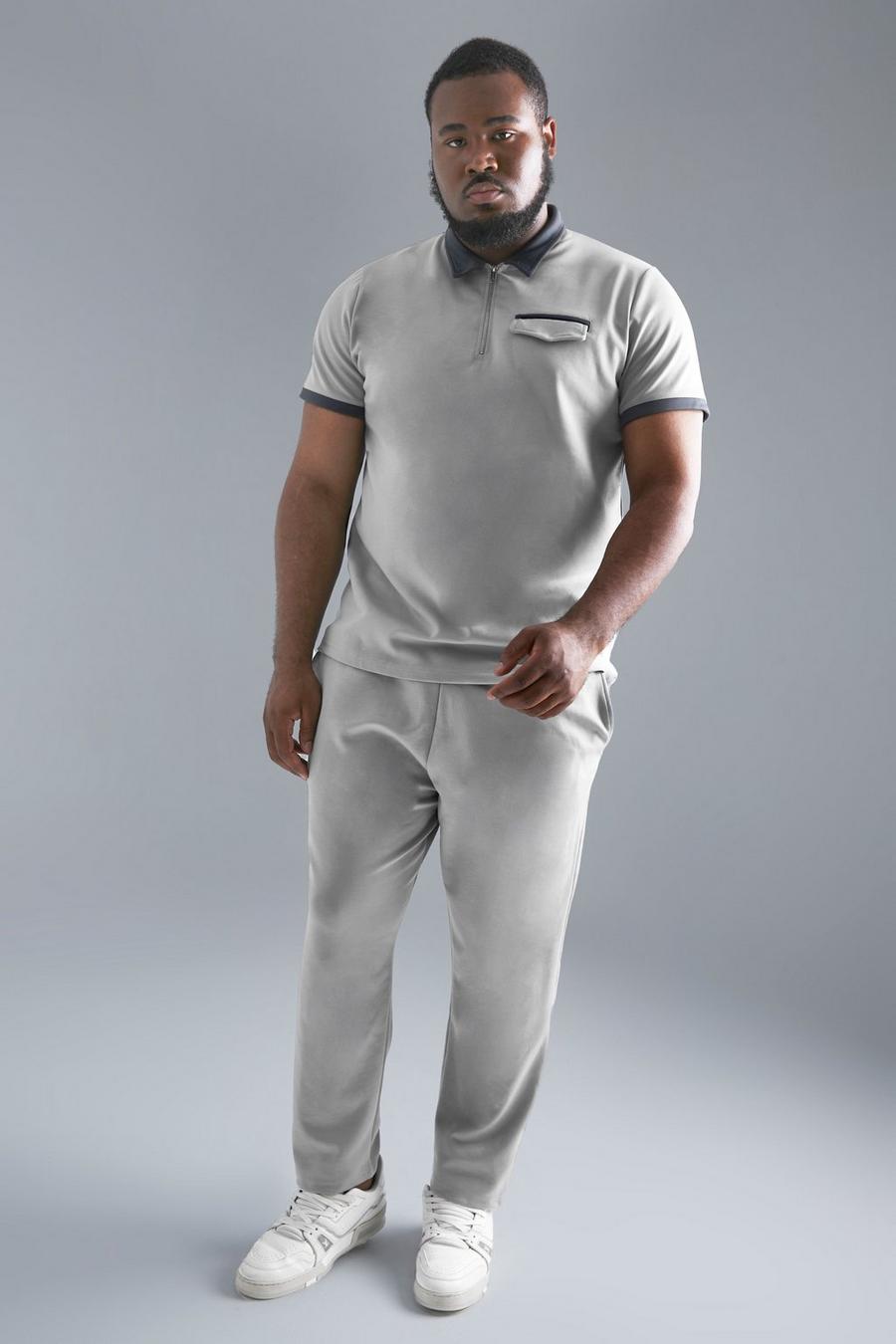 Grey Plus Slim Contrast Polo & Tapered Jogger Set image number 1