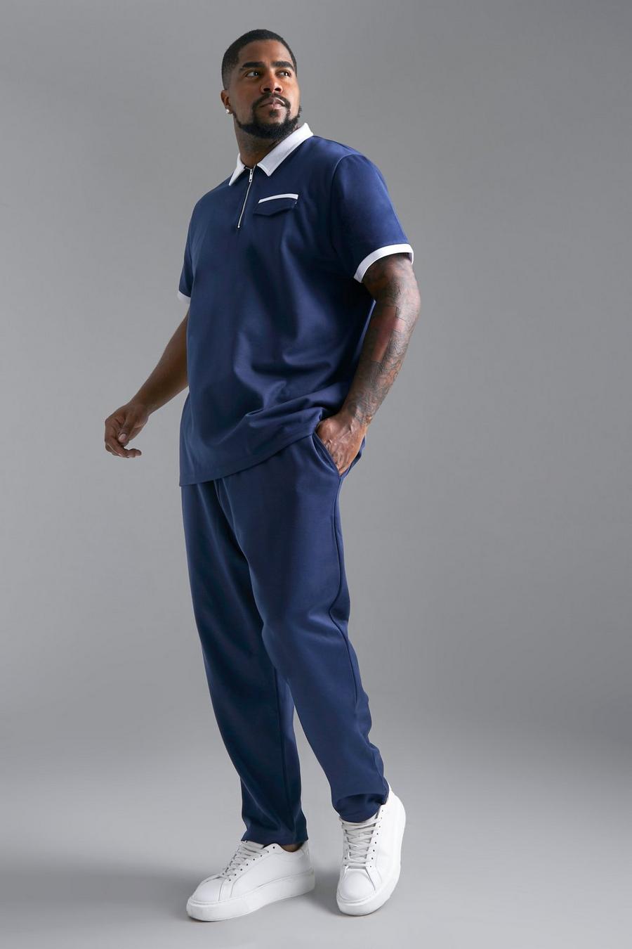 Conjunto Plus de pantalón deportivo ajustado y polo ajustado en contraste, Navy azul marino