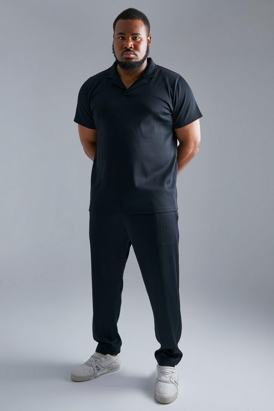 Black Plus Slim Pleated Polo And Tapered Jogger Set image number 1