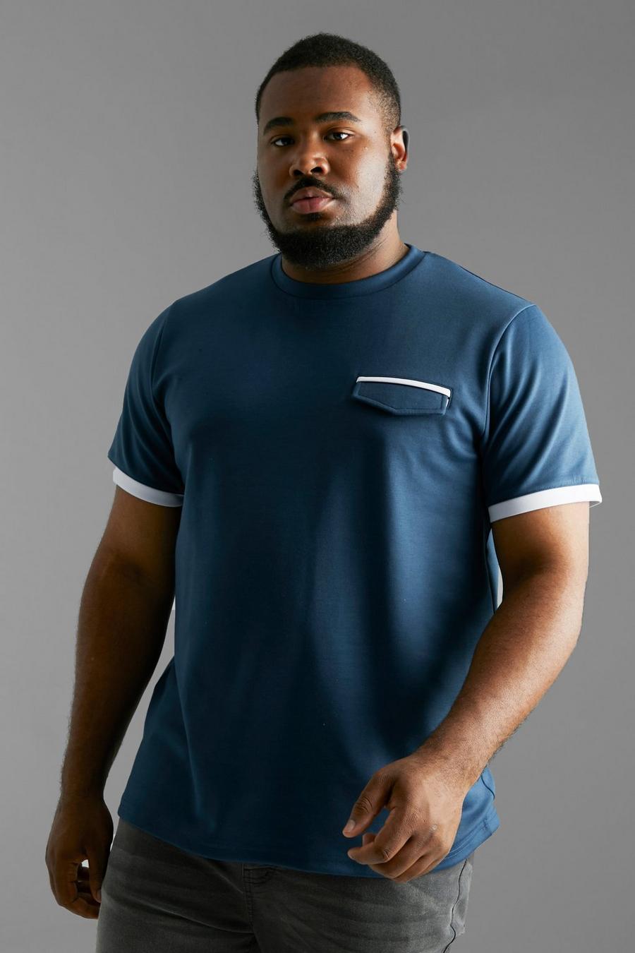 Camiseta Plus ajustada con bolsillo y ribete, Navy azul marino