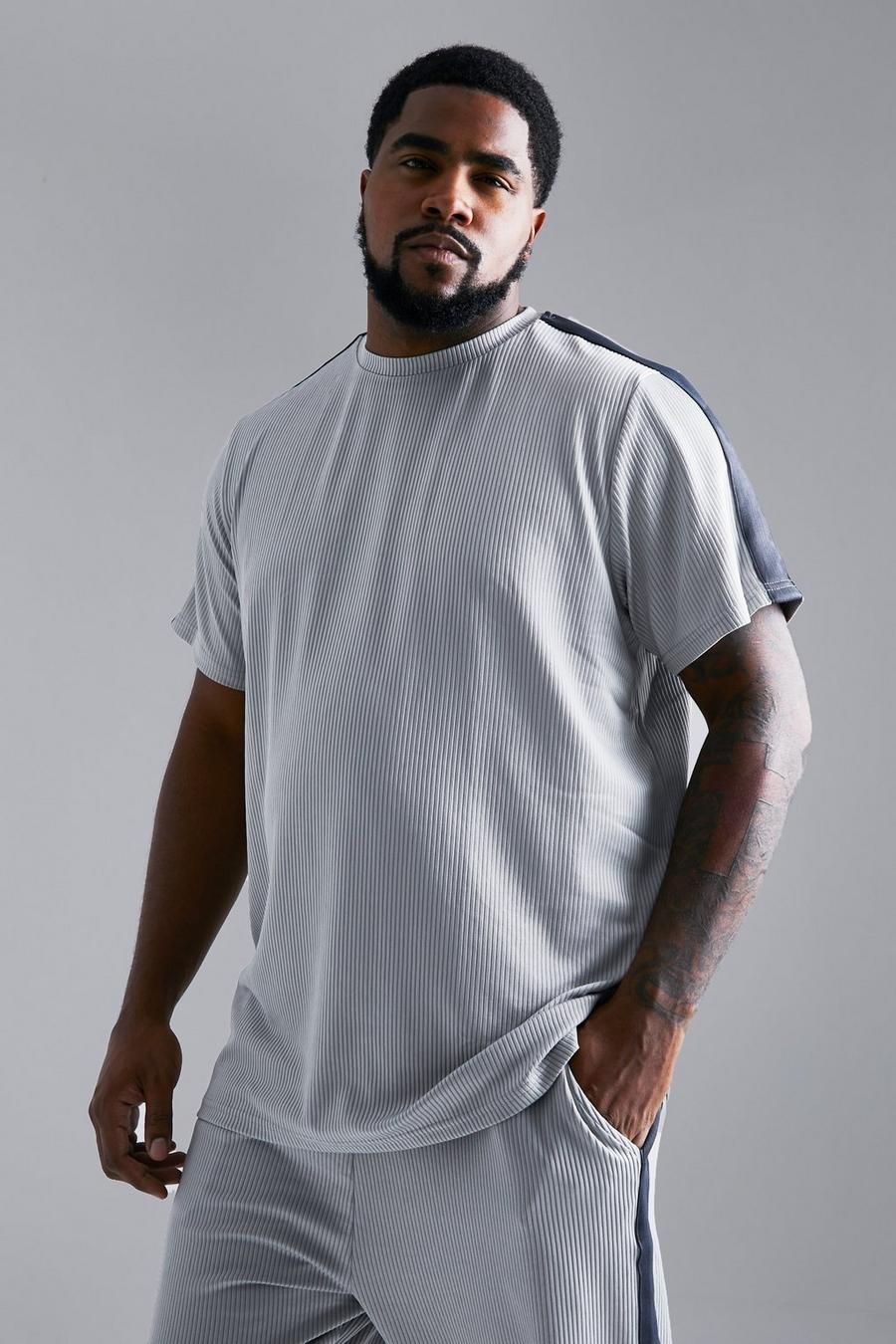 Grey Plus Slim Fit Pleated T-shirt With Tape image number 1