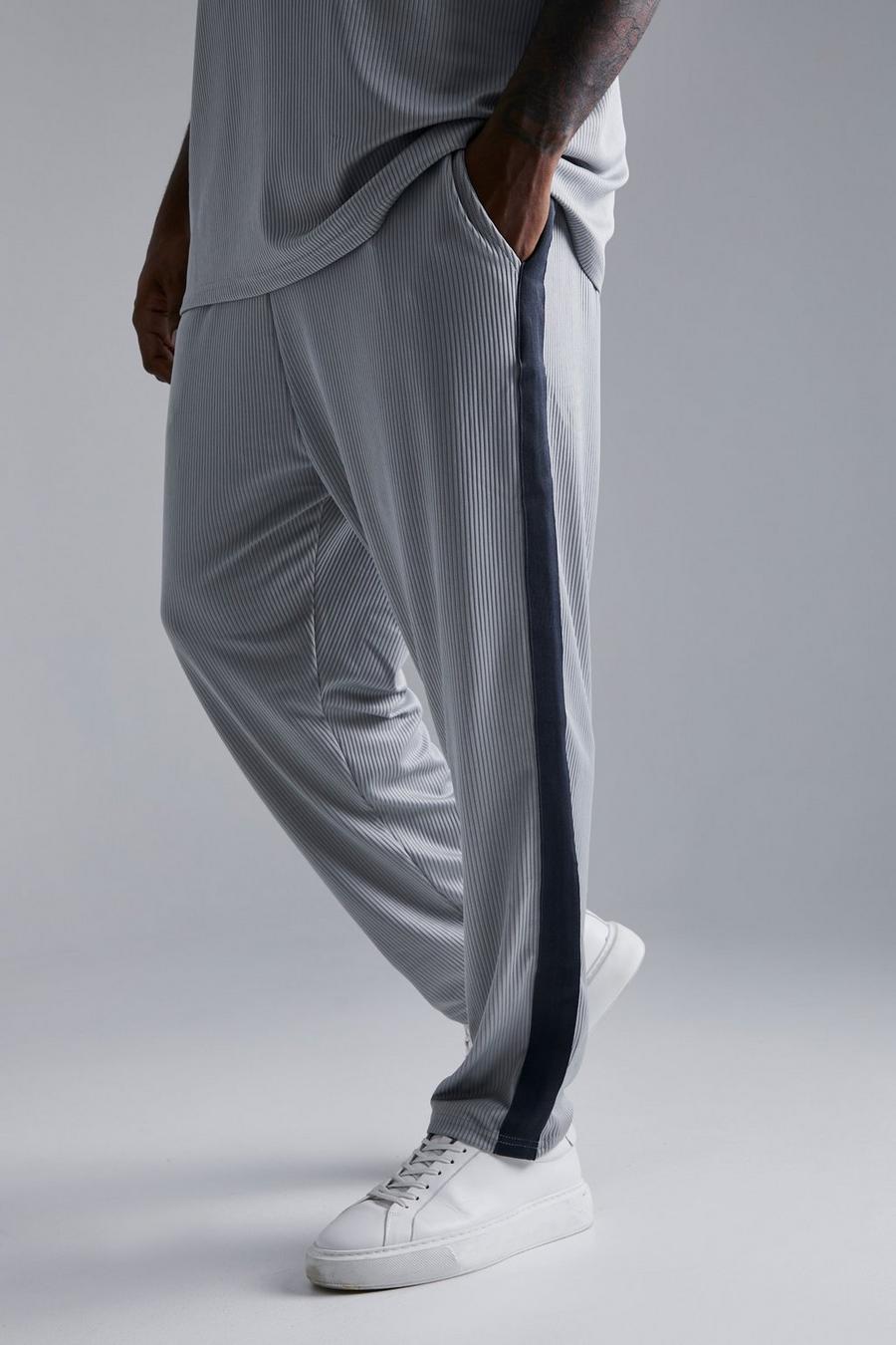 Pantaloni tuta Plus Size affusolati alla caviglia con pieghe e striscia laterale, Grey gris image number 1