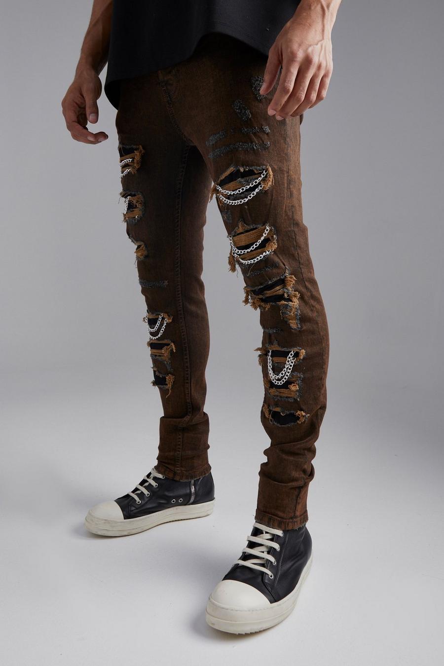 Brown Skinny Fit Rip & Repair Chain Detail Jeans image number 1